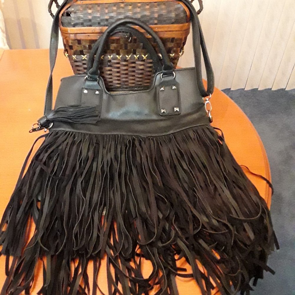 Kiss Me Couture Fringed Handbag Black Large